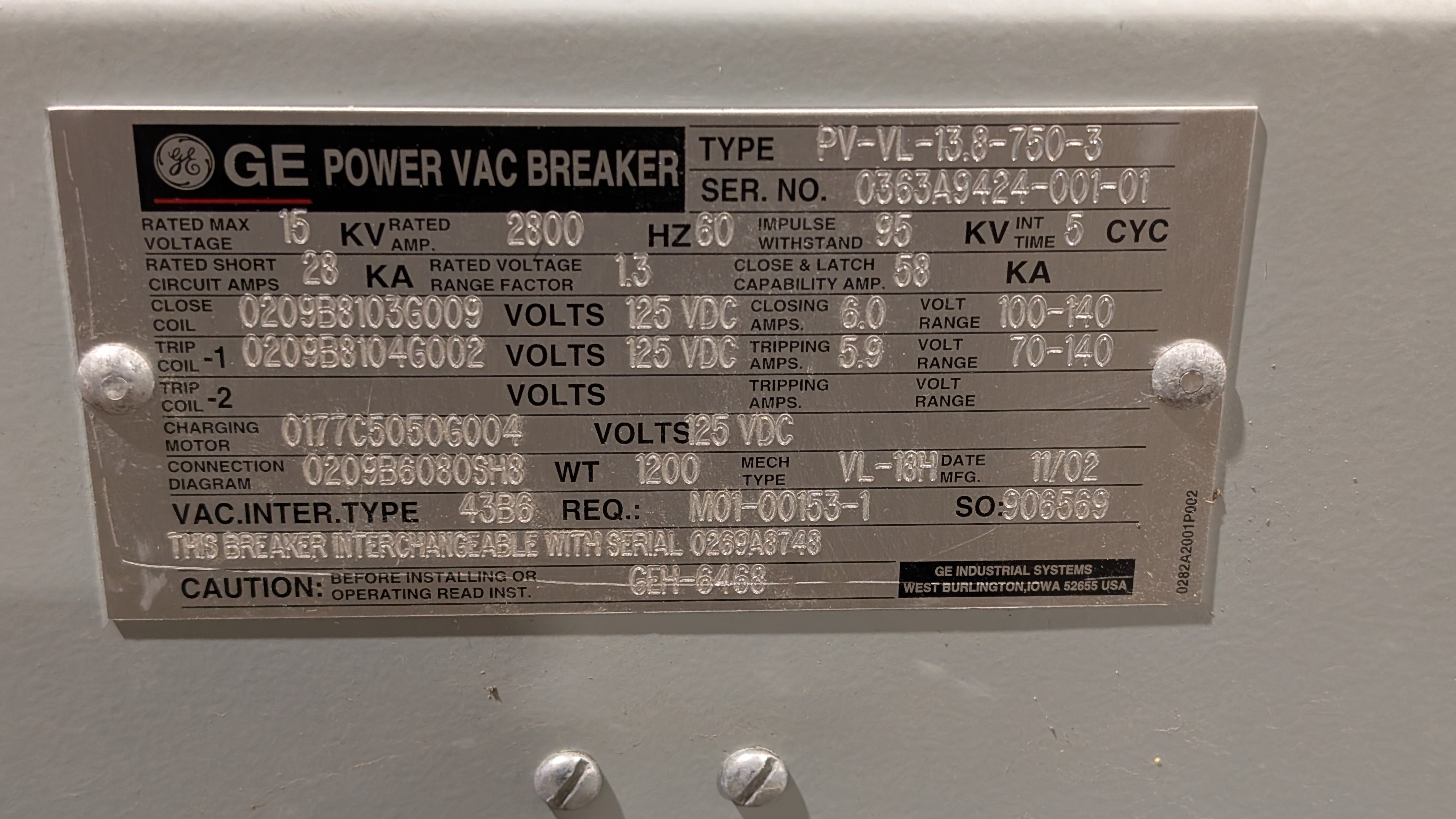 Power/Vac VL breaker 2800A 15kV 60hz, photo 2 of 12