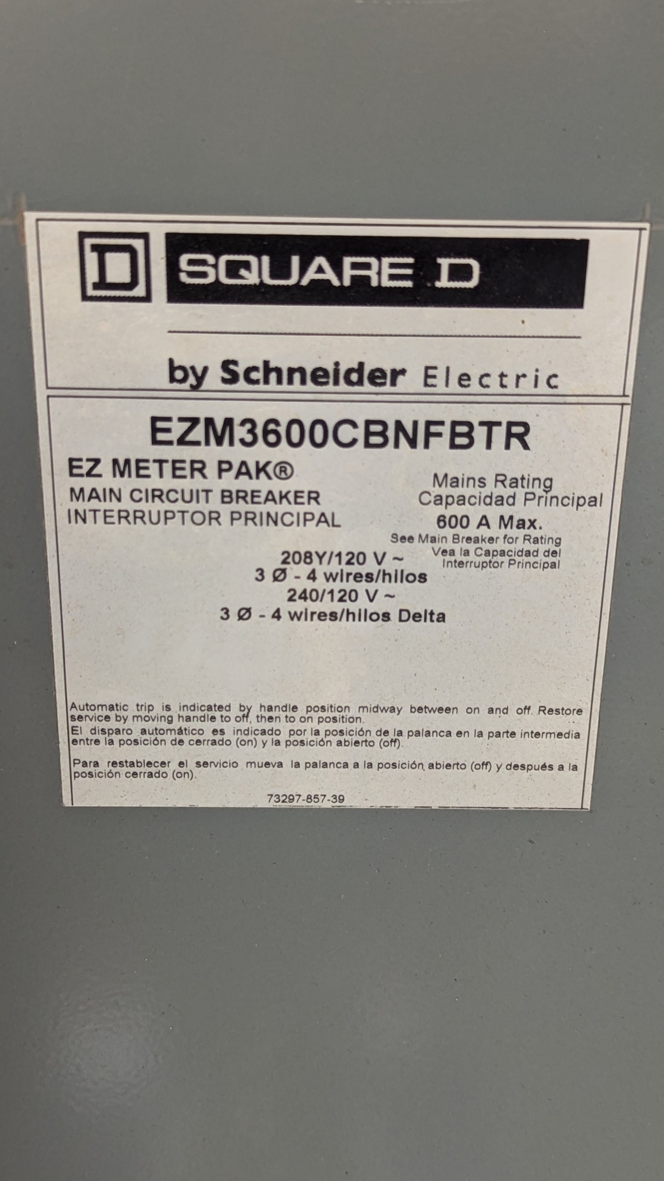 EZ meter pak main circuit breaker 600A max, photo 2 of 10